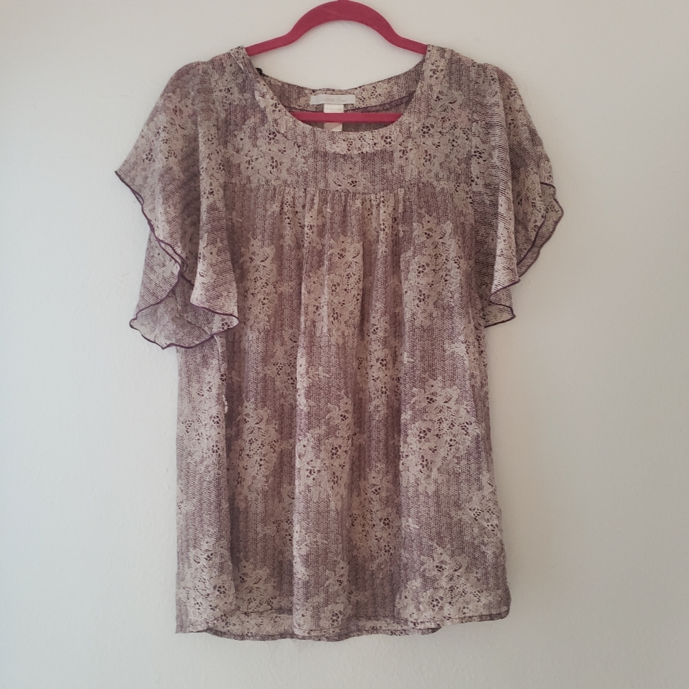 Womens Sheer Brown Design Ruffle Sleeve Top Work Blouse Medium